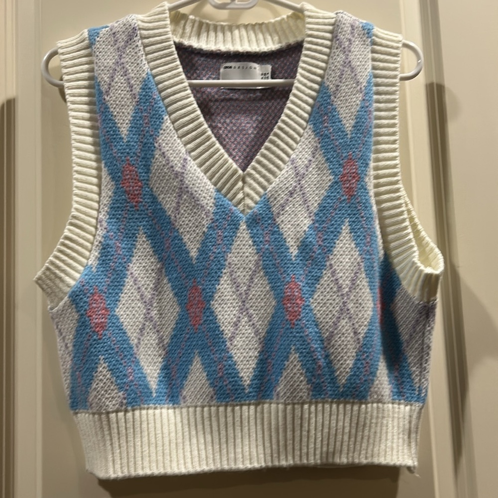 NWOT ASOS crop argyle preppy pastel boxy PullOver sweater vest Vneck rib trim 6